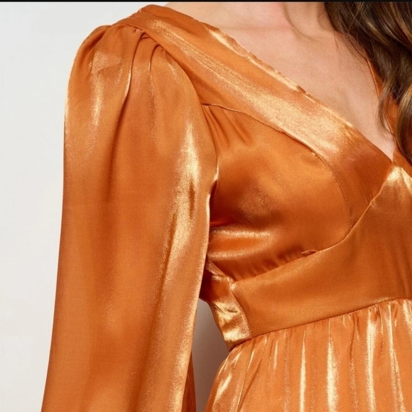 Puff Sleeve V-Neck Ruffle Shimmer Mini Dress Holidays Party Cocktails - Picture 5 of 14